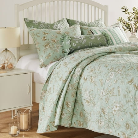 Greenland Home Fashions Olivia Butterfly Floral Print Cotton-Rich Quilt Set, 3-Piece Full/Queen