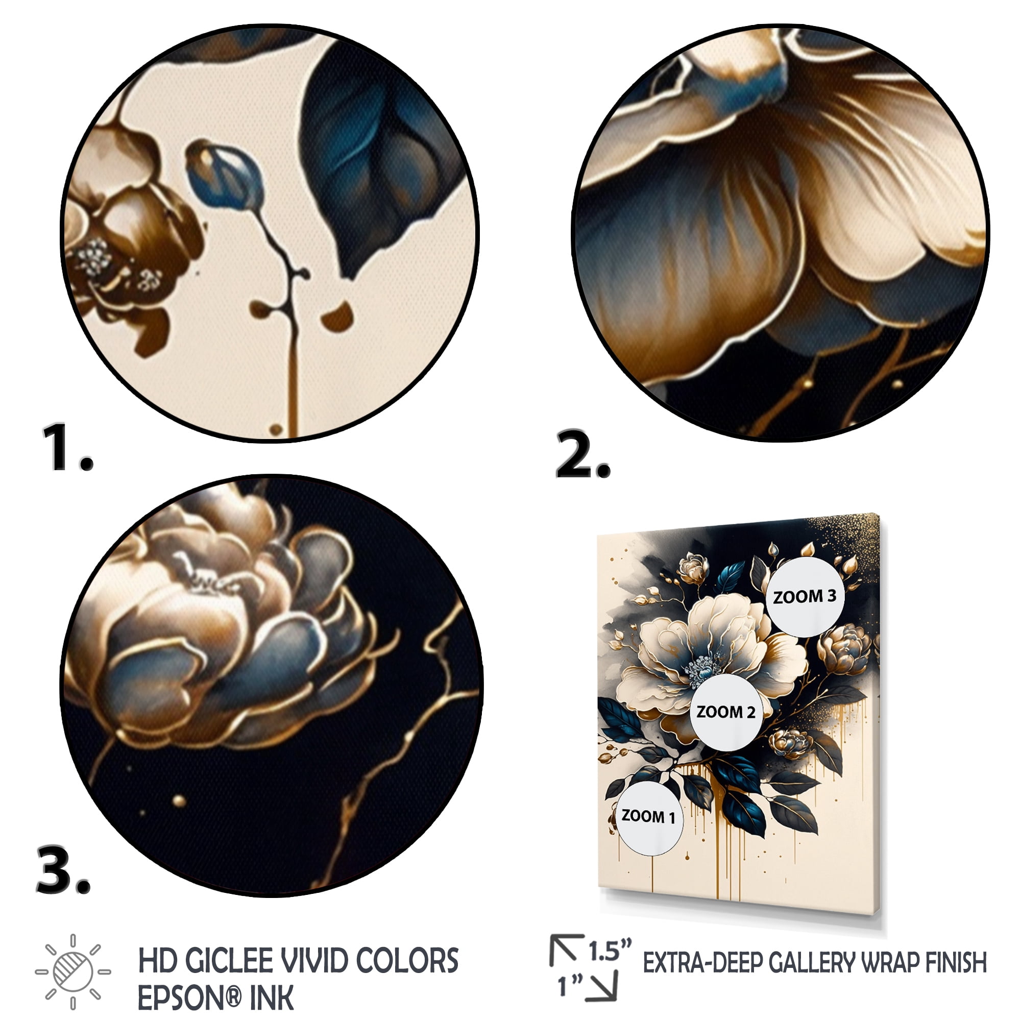 Designart Black And Gold Camellia Bouquet II Canvas Wall Art
