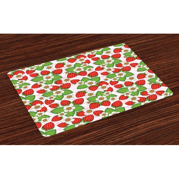 Spring Placemats Set of 4 Floral Pattern with Strawberries Flowers and