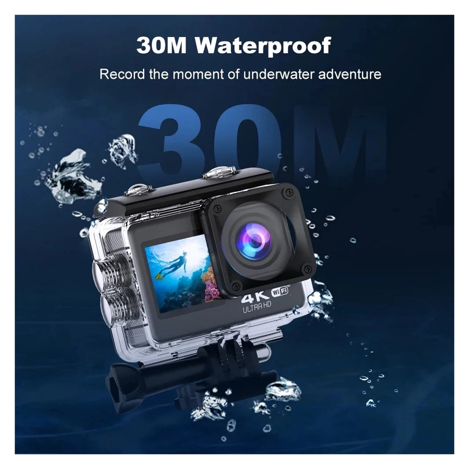 Action Camera 4K  WiFi 170° Wide Angle Len Dual Screen Display Video Camera 30M Underwater Waterproof Sport Camera