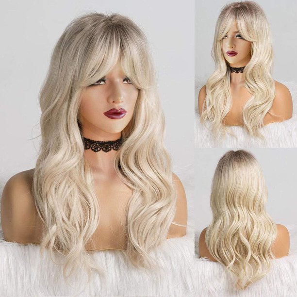 20 Inches Blonde Wig with Bangs Long Blonde Wig Platinum Blonde