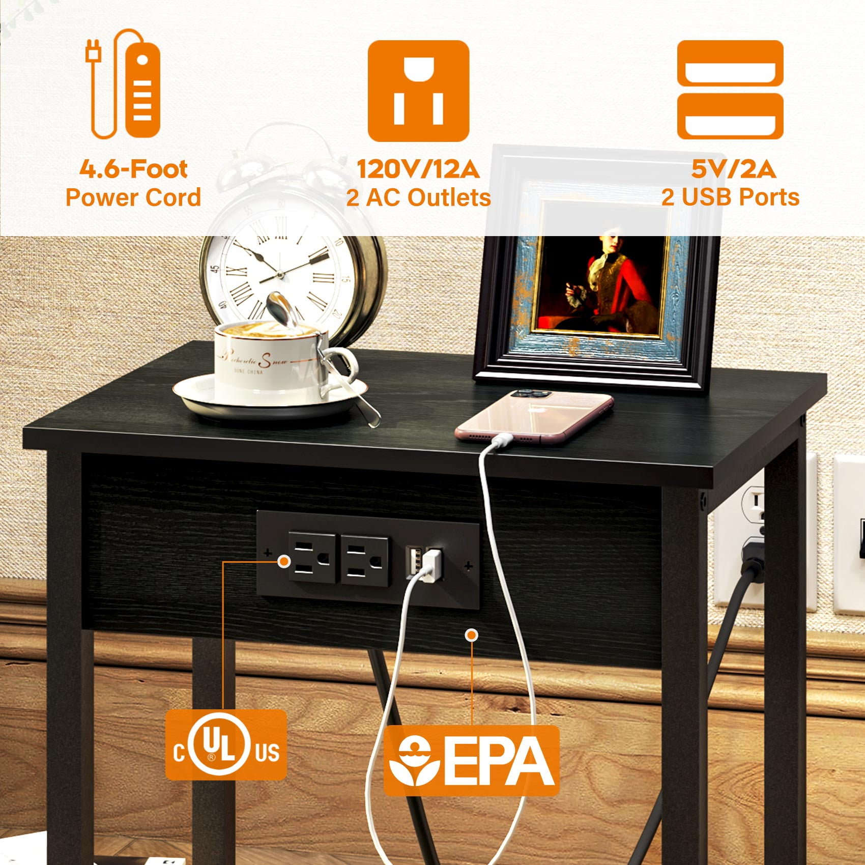 TC HOMENY End Table with Charging Station USB Ports Side Table