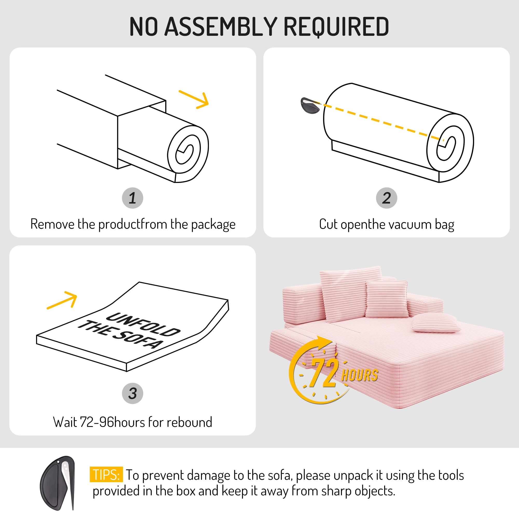 Avobird Luxury Plush Corduroy Chaise Lounge, Convertible Sofa Bed with Storage Pocket, Frameless Design, Specially Designed for Small Spaces and Apartments (Baby Pink)
