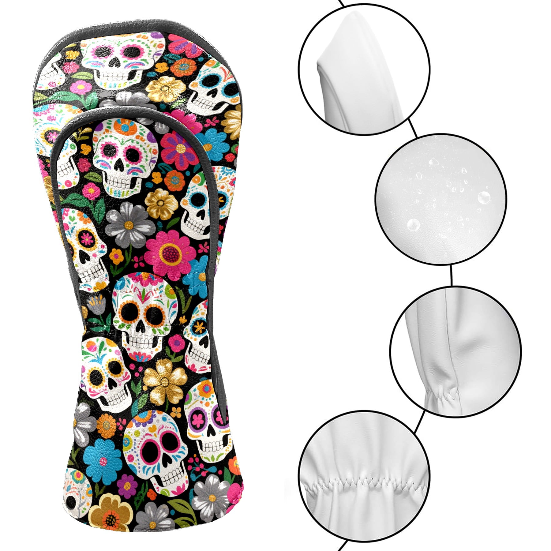 Golf Head Covers Colorful Flower Skull Design for Driver, Wood & Hybrid, Premium Waterproof PU Leather with Plush Lining, Edgy Floral Golf Gifts
