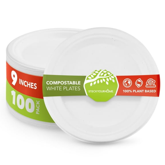 Stock Your Home 100% Compostable Plates 9 Inch (100 Count), Large Heavy Duty Biodegradable Paper Plate for Dinner, Eco-Friendly Recyclable Disposable Sustainable, White Bagasse