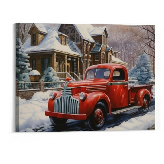 Shiartex  Christmas Canvas Wall Art for Home Decor - Red Christmas Truck Paintings Print On Canvas Artwork Ready to Hang 20x16 Inch