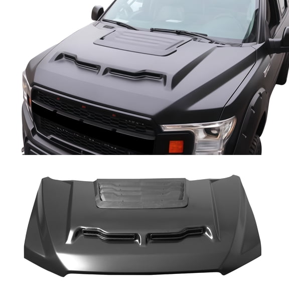 Ikon Motorsports Hood Panel, Compatible with 2015-2020 Ford F-150, Shelby Baja Style Iron Black Engine Front Bumper Hood Engine Bonnet Cover Panel (with Heat Extractor Ram Air)