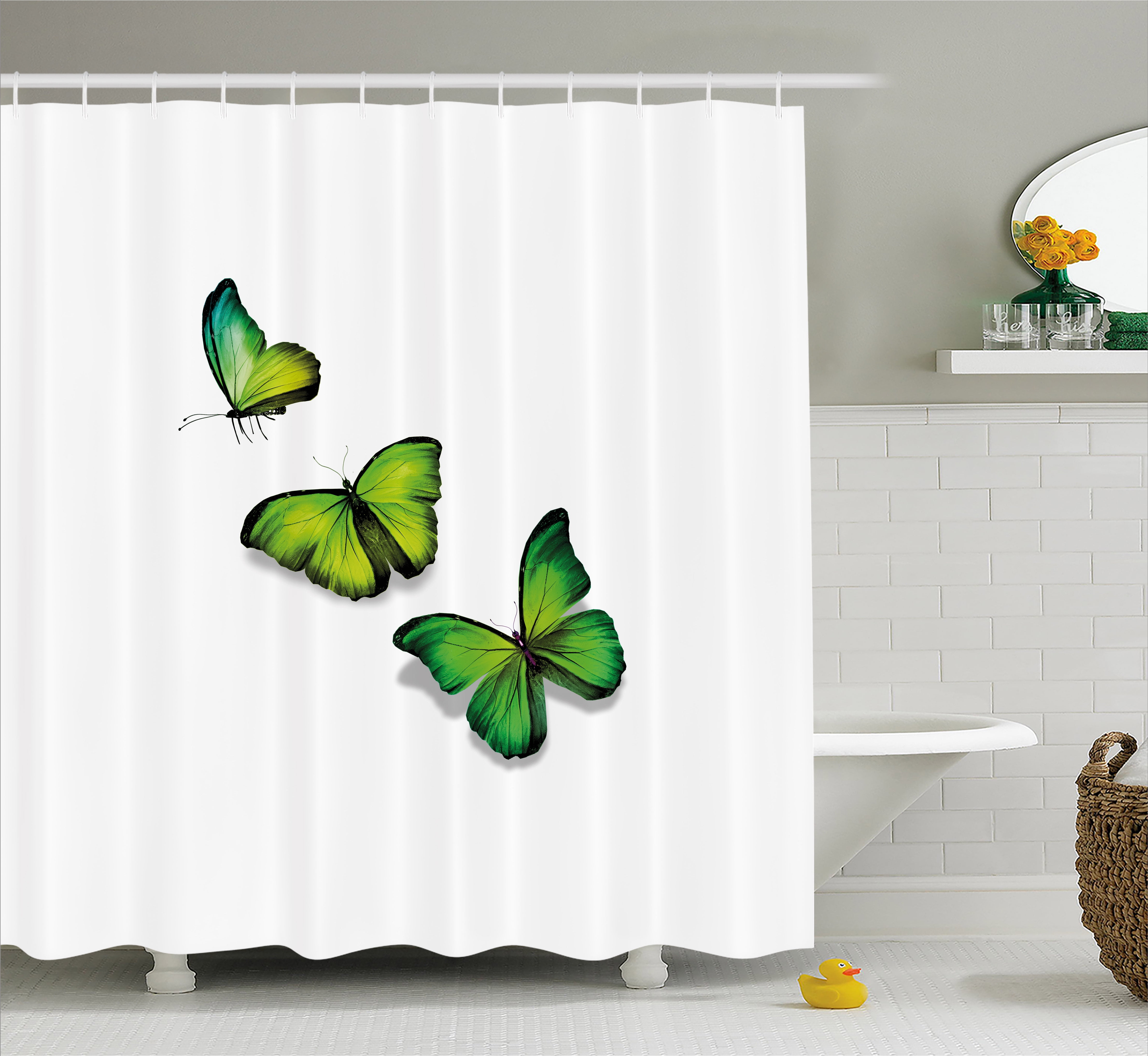 Green Shower Curtain, Three Vibrant Butterflies on White Backdrop