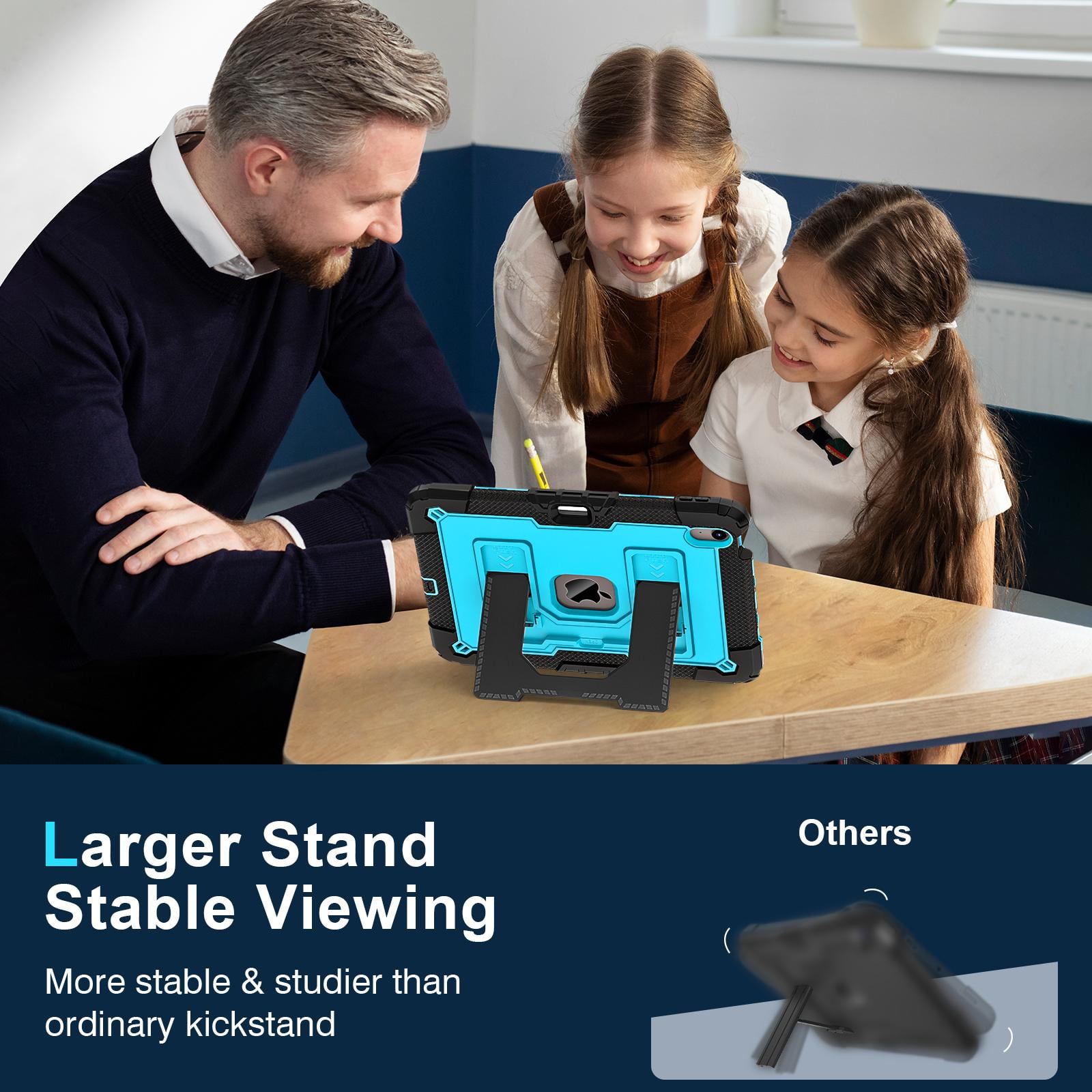 ELEHOLD 3-Layer Rugged Case For Apple iPad Air 11‑inch (M4) 2026, Heavy Duty Shockproof Logo Visible Foldable Kickstand Drop Protection Cover with Pencil Holder + Shoulder Strap, Black+Blue