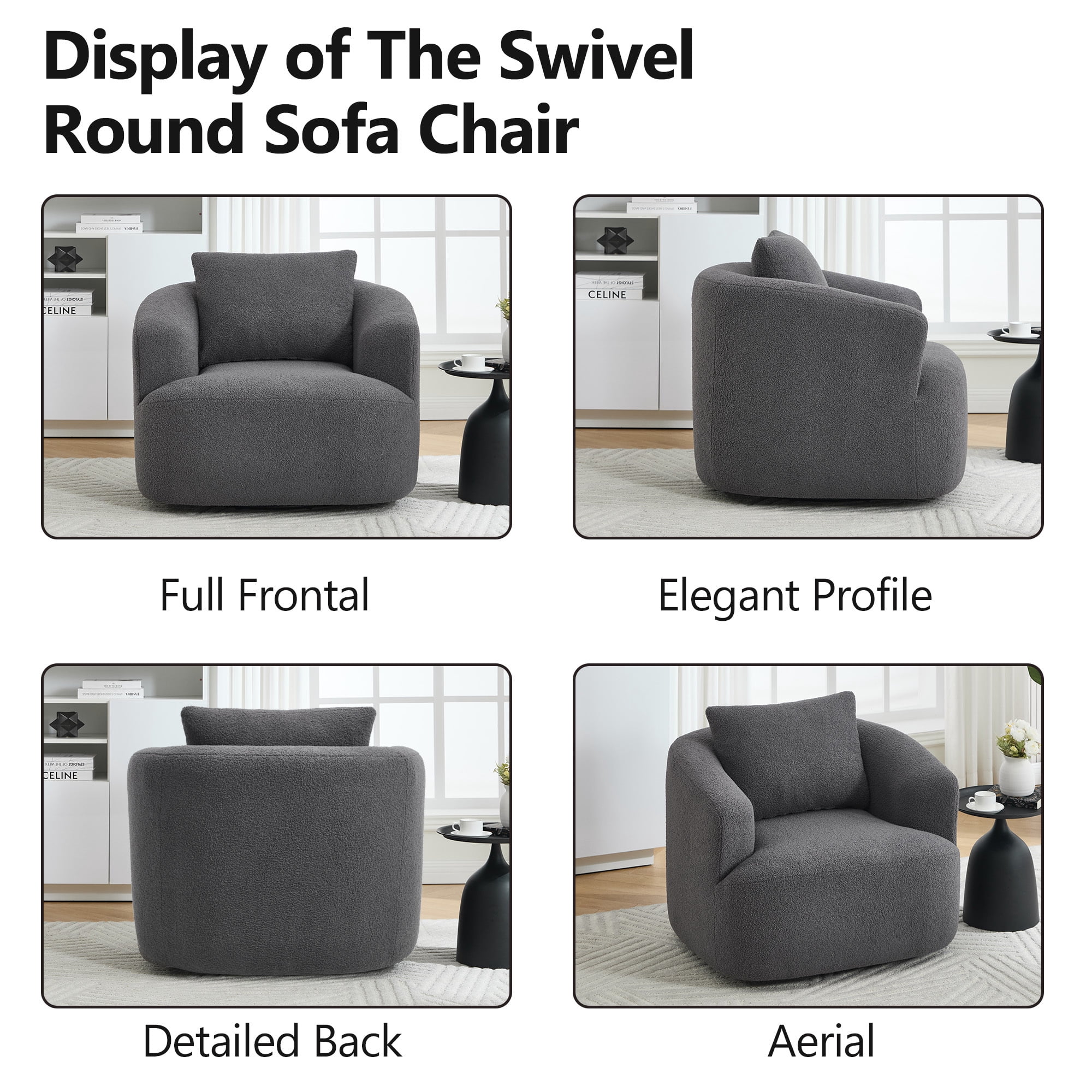 Swivel Accent Chair,360° Round Upholstered Armchair with One Soft Pillow,Teddy Fleece High-Resilience Sponge Single Sofa for Living Room, Bedroom, Apartment,No Assembly,Antique Dark Grey