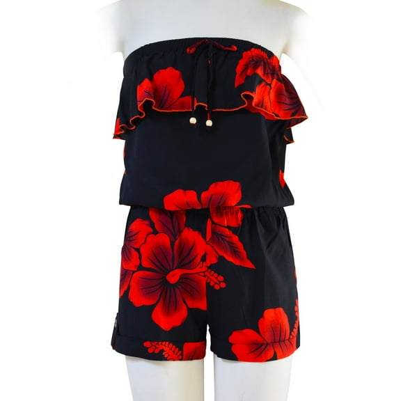 Favant Hibiscus Strapless Ruffle Short Romper Jumpsuit with Pockets