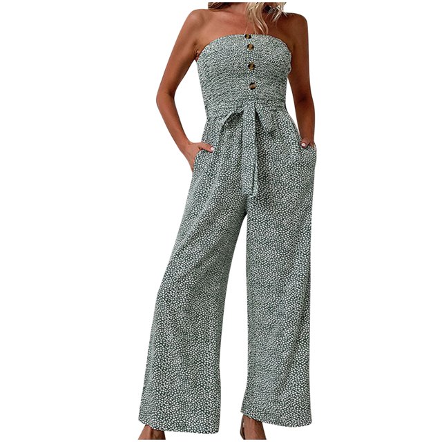 Womens Jumpsuit Casual Off Shoulder Sleeveless Button Belt Wide Leg Jumpsuits Loose Tube Top Rompers Summer with Pockets