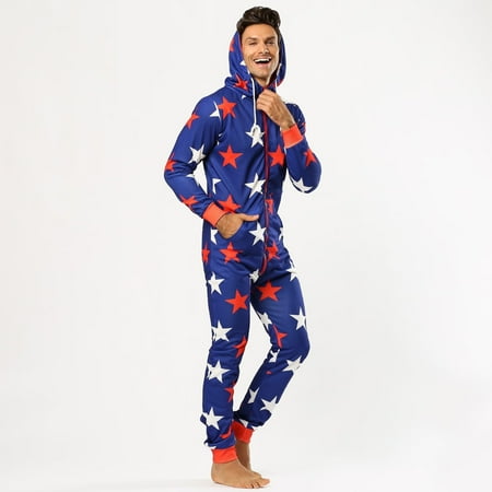 

Pajama Sets Loungewear for Men Men s Long Sleeve Soild Color Printed Jumpsuit Zipper Hood Pyjamas Nightwear With Pockets polyester Winter Jackets for Men Blue