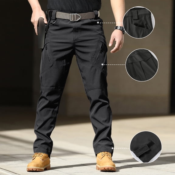 Tactical Pants for Men Water Resistant Hiking Cargo Pants Multi Pockets Waterproof Work Pants (No Belt) Black S