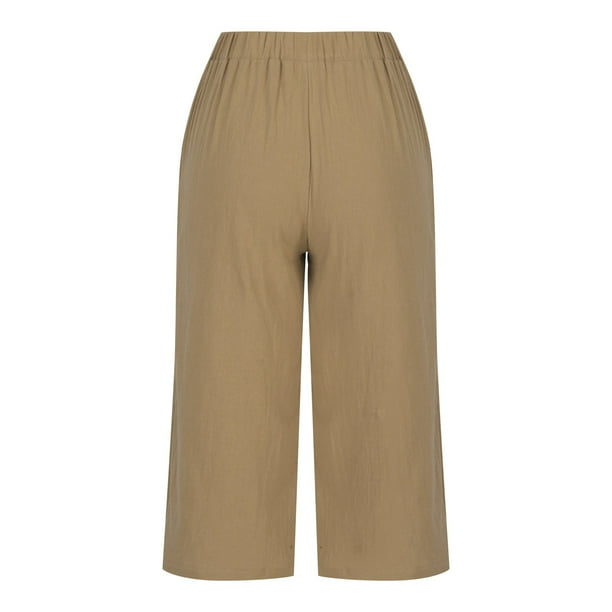 Womens Cotton Linen Pants Elastic High Waist Capri Pants Loose Wide Leg  Lounge Pants Summer Beach Trousers with Pockets 