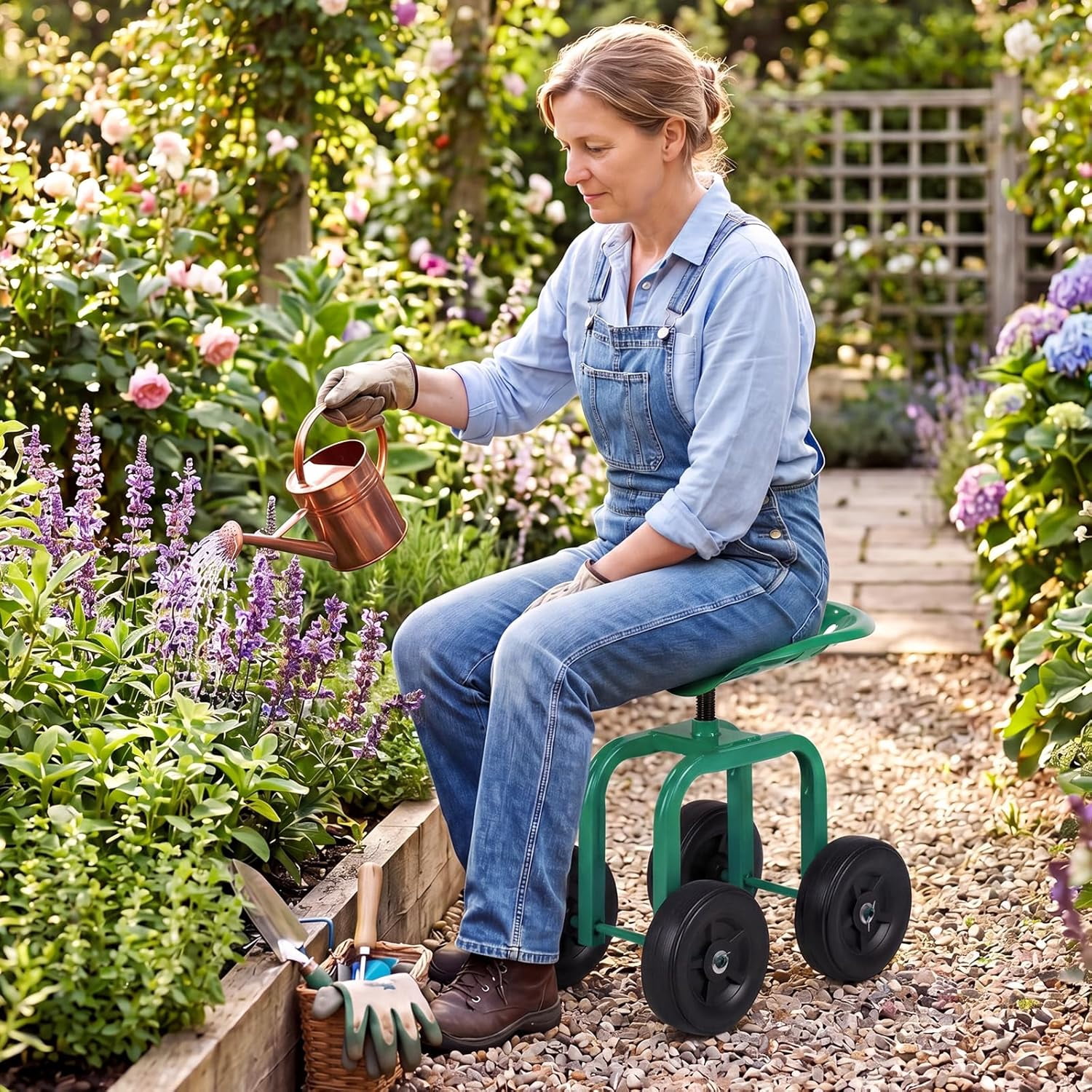 Expert Gardener Folding Gardening Stool with Detachable Tote,Green
