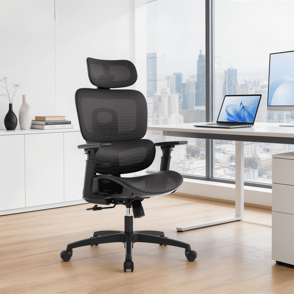 Magshion 1pc Ergonomic Office Chair with Adjustable Lumbar Support, 3D Armrests, 145° Recline & Headrest, High Back Desk Chair