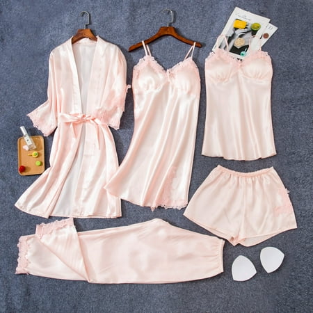 

WGOUP Women s 5PC Satin Lace Camisole Trousers Shorts Nightdress Robe Pajamas Lingerie Beige(Buy 2 Get 1 Free)