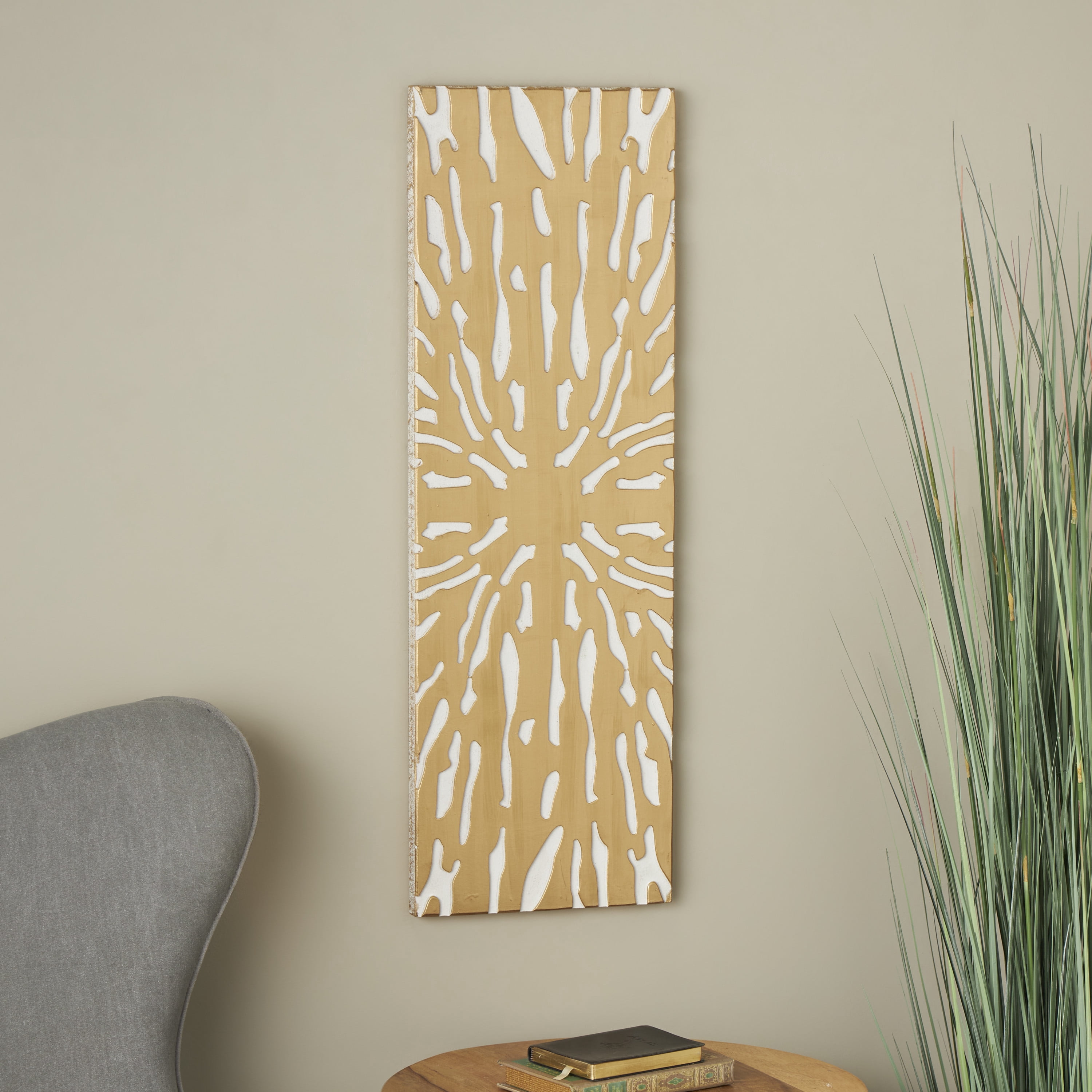 DecMode Gold Wooden Abstract Carved Starburst Wall Decor with White Backing