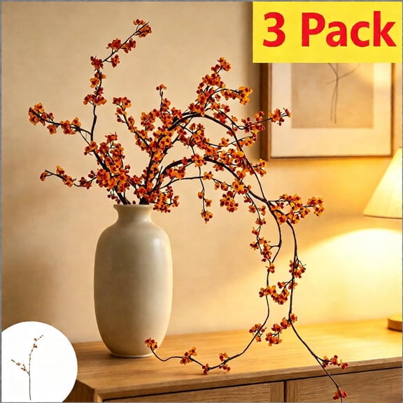 3 Pack Artificial Bittersweet Branch, Orange Berry Fake Stem, Flexible Faux Bittersweet Vine for Vase, Fall Thanksgiving Home Table Centerpiece Decor