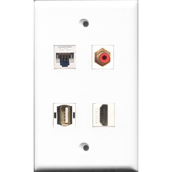 RiteAV 1 Port HDMI and 1 Port RCA Red and 1 Port USB A-A and 1 Port Cat5e Ethernet White Wall Plate