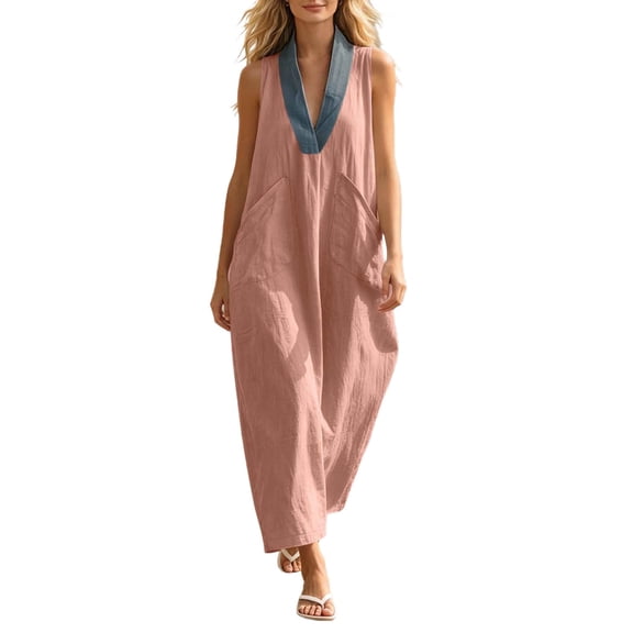 Eawtki Women's V Neck Sleeveless Maxi Dress Denim Trim With Pockets Loose Fit Casual Summer Linen Blend Dress