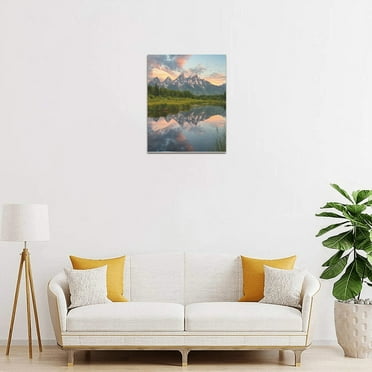 Scenic Nature Wall Art 8x10 – Serene Sunset Over Snowy Mountains and Still Lake, Framed Landscape Print for Peaceful and Cozy Interior Spaces