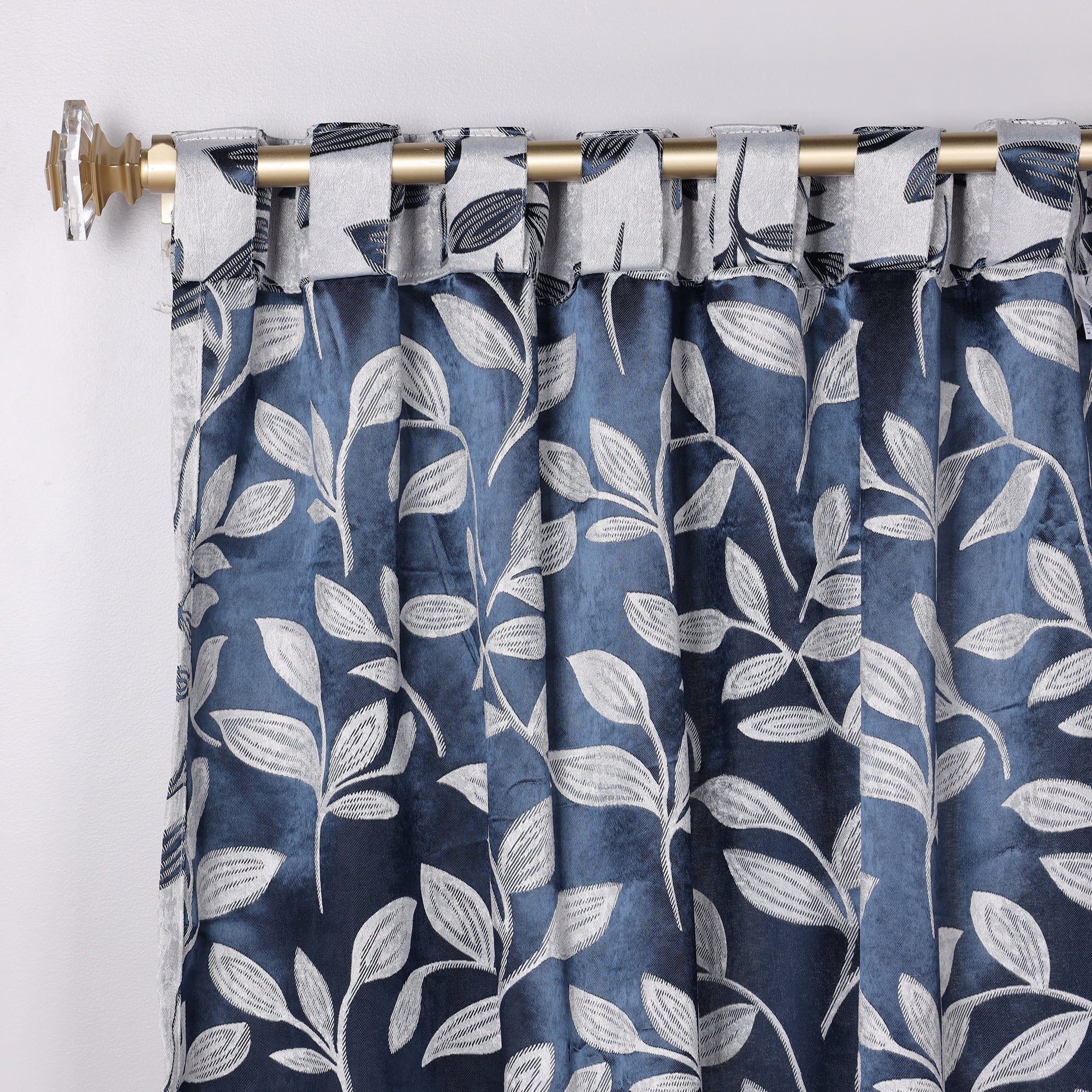 Superior Blackout Leaves Back Tab Curtains Set of 2, Light Filtering Curtain Panel Set, White-Navy Blue, 52"W x 84"L