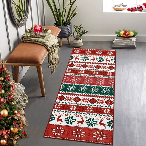 HOMERRY Xmas Rug Christmas Home Decor Tree Deer Print Area Rug Washable Non-Slip 2' x 10' Modern Rug for Kitchen Enterway Indoor Red Carpet