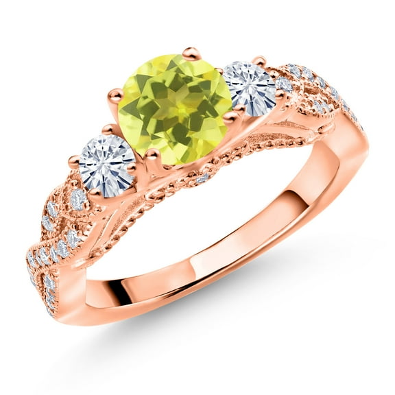 Gem Stone King 18K Rose Gold Plated Silver Canary Mystic Topaz and White Moissanite Engagement Ring for Women (1.47 Cttw, Gemstone, Round 6MM and 3MM, Size 8)