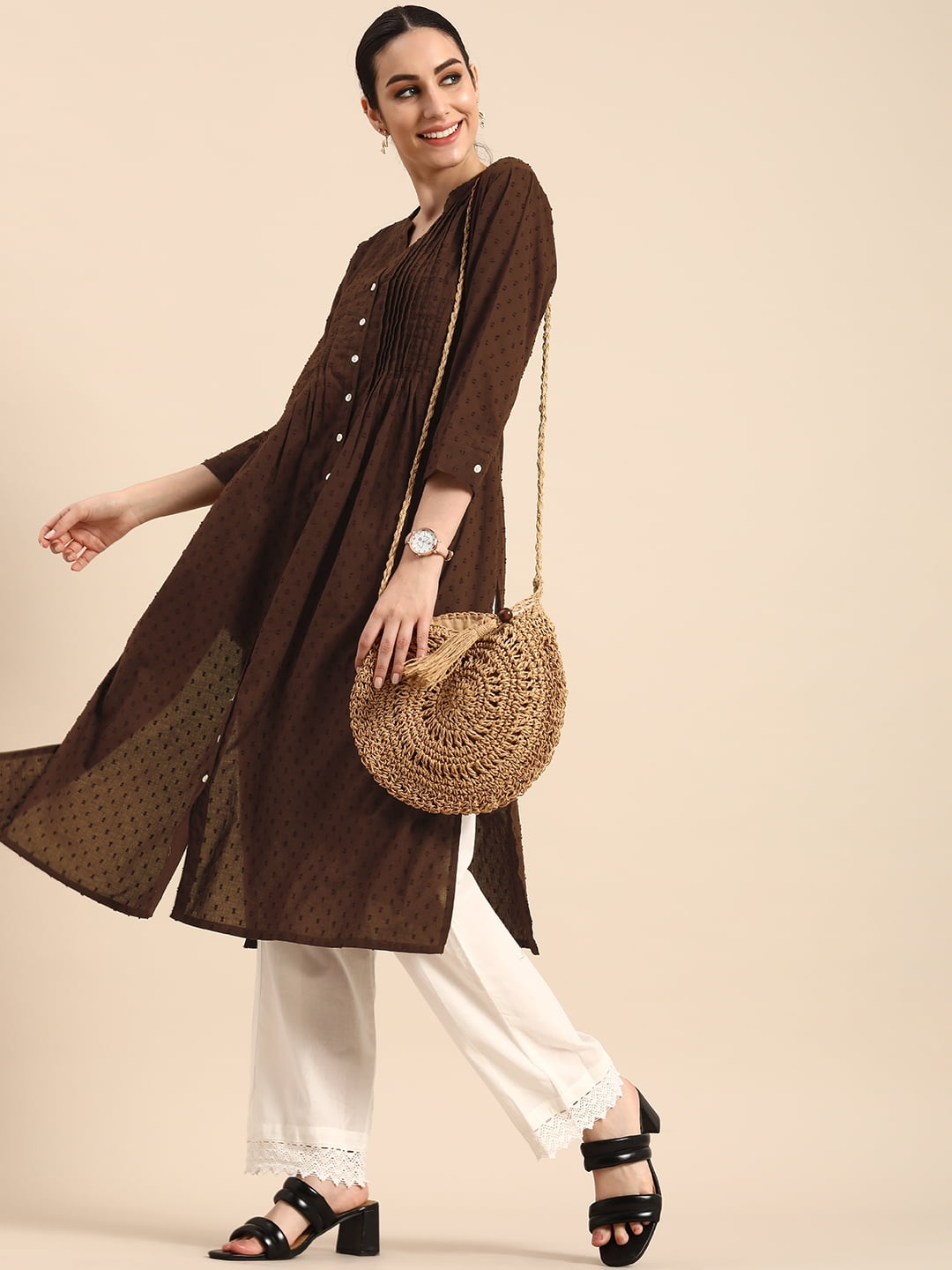 Anouk By Myntra Kurta For Women Mandarin Collar Coffee Brown