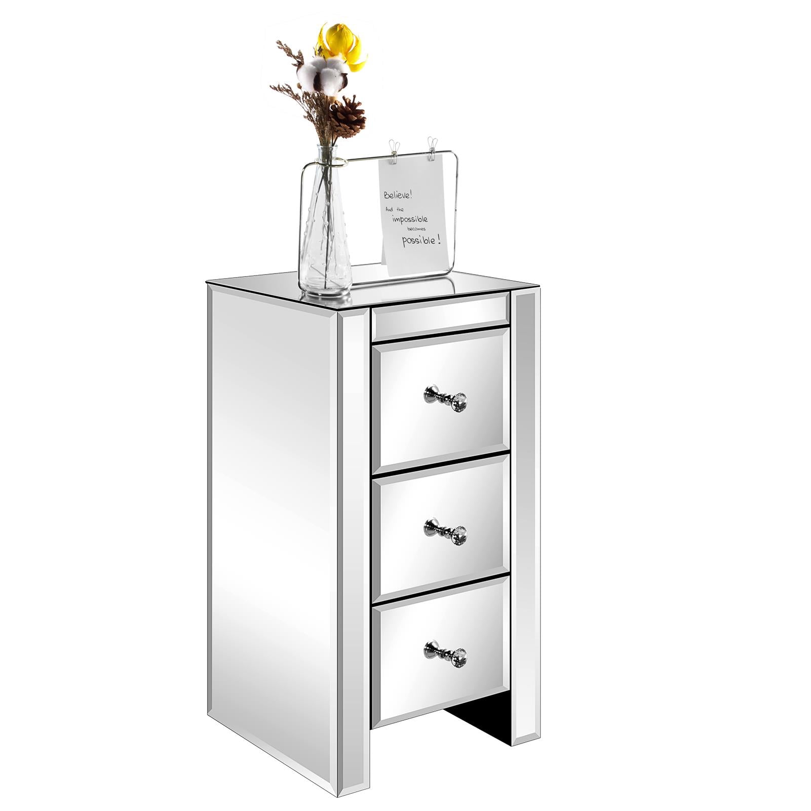 Zimtown 3-Drawer Mirrored Nightstand End Tables Bedside Table for Bedroom, Living Room, Silver