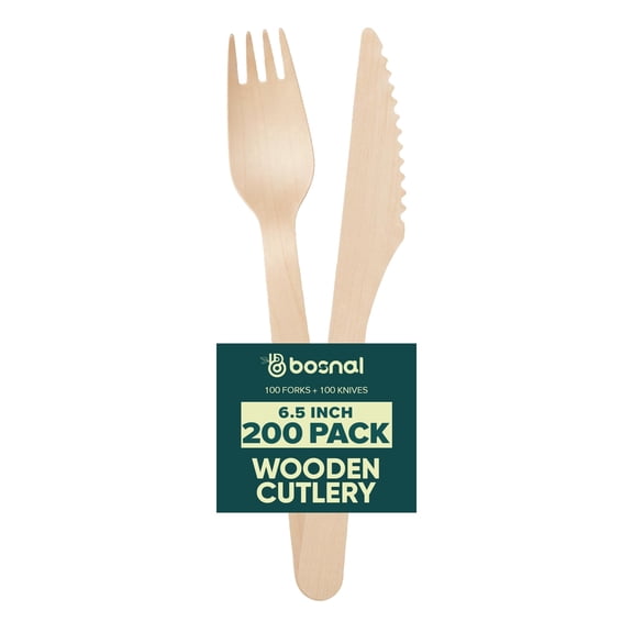 BOSNAL Disposable Wooden Forks & Knives – 200pcs, Made from Natural Mongolian Wood , BPA-Free, Plastic-Free, Compostable Cutlery for Parties, Catering, Takeaway and Food Packaging