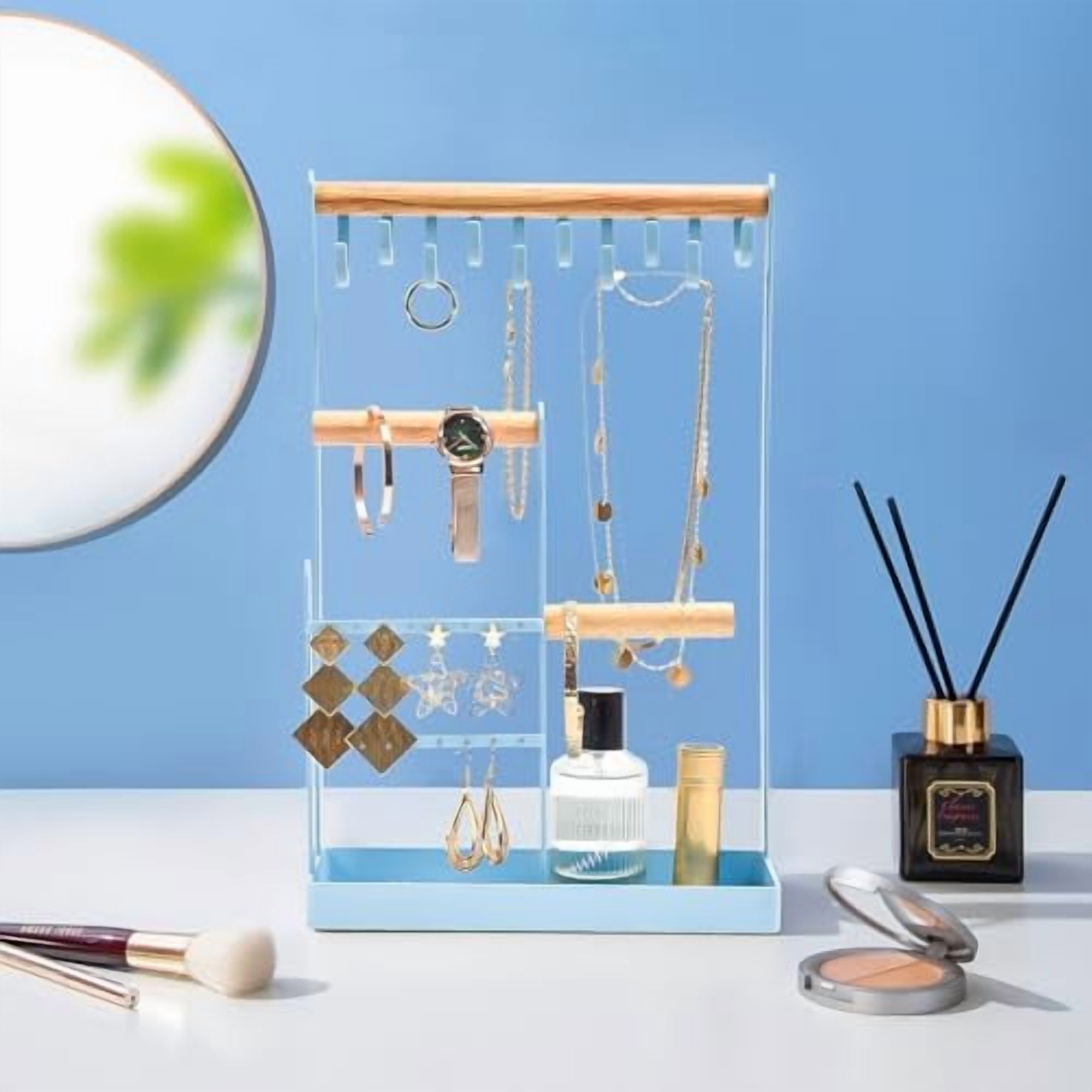 Jewelry Stand Holder Organizer, 4-Tier Necklace Holder with Ring Tray, 10 Hooks Necklaces Hanging Small Jewelry Display Storage Tower Tree for Bracelets Earrings Watches -Medium, Blue