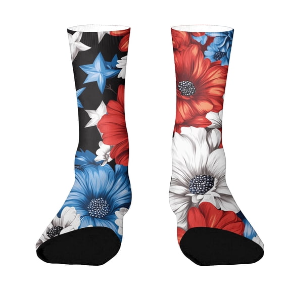 4th of July 250th Anniversary Patriotic Socks for Women, Independence Day USA Flag Theme Crew Socks, Red White Blue Color Blocked Striped Middle Socks for Adult (1 Pair, 1776-2026)