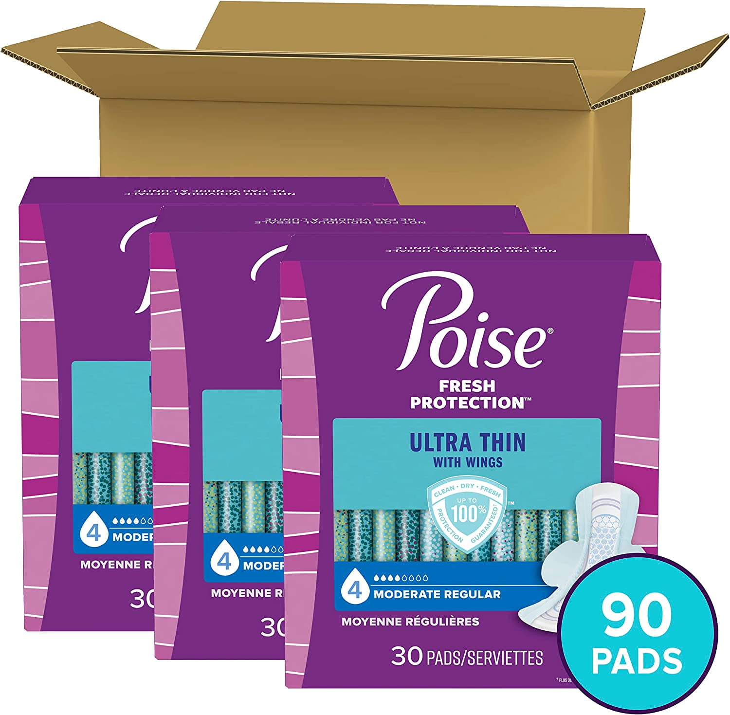 Poise Ultra Thin Incontinence Pads with Wings & Postpartum Incontinence Pads, 4 Drop Moderate Absorbency, Regular Length, 90 Count