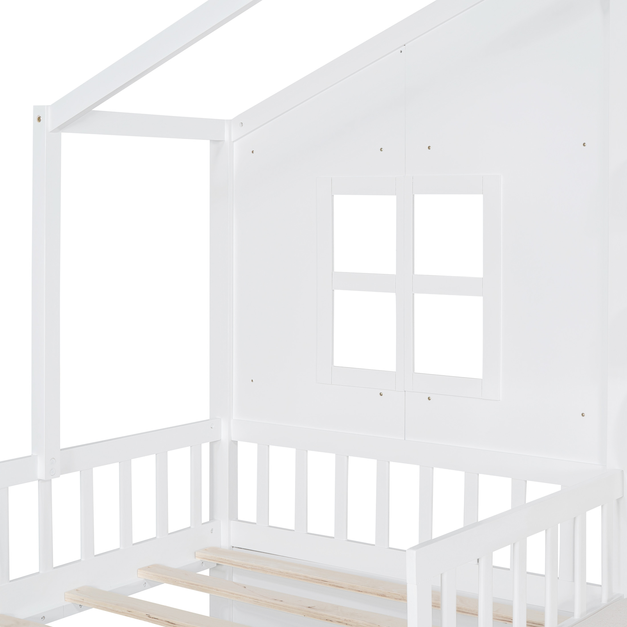 Noble House Twin Size House Bed with Sofa, Kids Platform Bed with Two Drawers and Storage Shelf,White