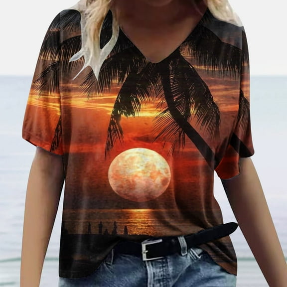 Pincandy Womens Spring and Summer Casual V-Neck T-shirt Hawaiian Shirts Floral Tropic Printed Pleated V Neck Summer Casual T-Shirt Trendy Boho Blouses Tops,Wine,L