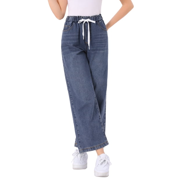 Jeans de pierna ancha para mujer INSPIRE CHIC con cordón y cintura elástica, pantalones de mezclilla casuales con bolsillos, gris azul M