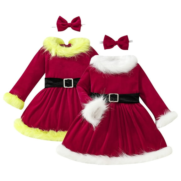 Godderr Toddler Kids Girls Autumn Christmas Dress Baby Princess Dress Bow Headband Headband Long Sleeve Velvet Dress with Belt