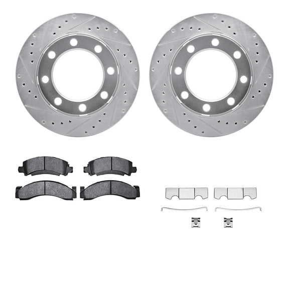 Dynamic Friction Company Front Brake Rotors-Drilled and Slotted-Silver with Heavy Duty Brake Pads includes Hardware 7212-40113
