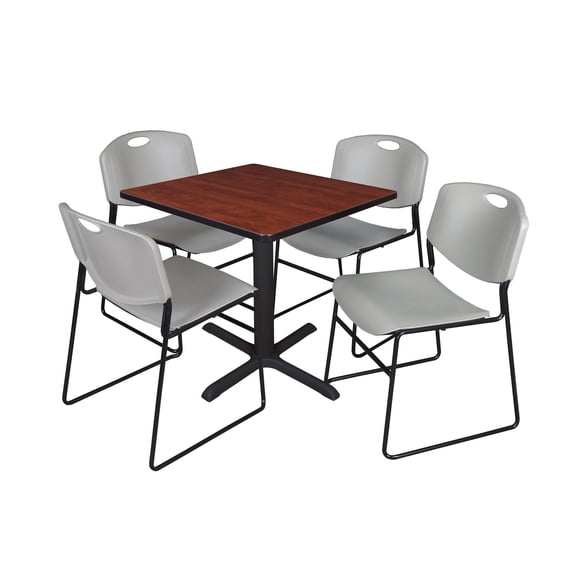 Romig Pillar Small 30 in. Square X-Base Breakroom Table- Cherry & 4 Zeng Stack Chairs- Grey