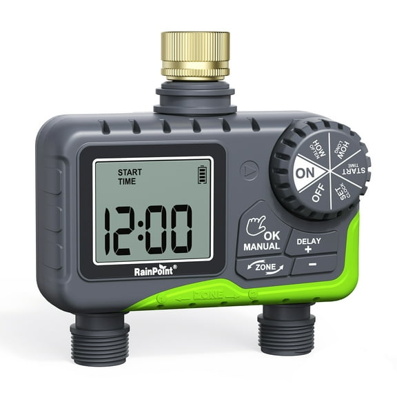 RainPoint Sprinkler Timer Dual Zones Automatic Irrigation System Controller, Easy Programming Hose Timer, 7-Day/12H Scheduling for Garden/Yard (Green, Brass Inlet)