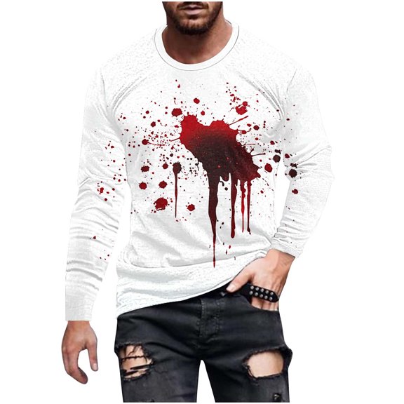 LWITHSZG Mens Halloween Shirts Horror Blood Splash Graphic Tees Plus Size Long Sleeve Festival Tops FallTrendy Crew Neck Basic T-shirt XL