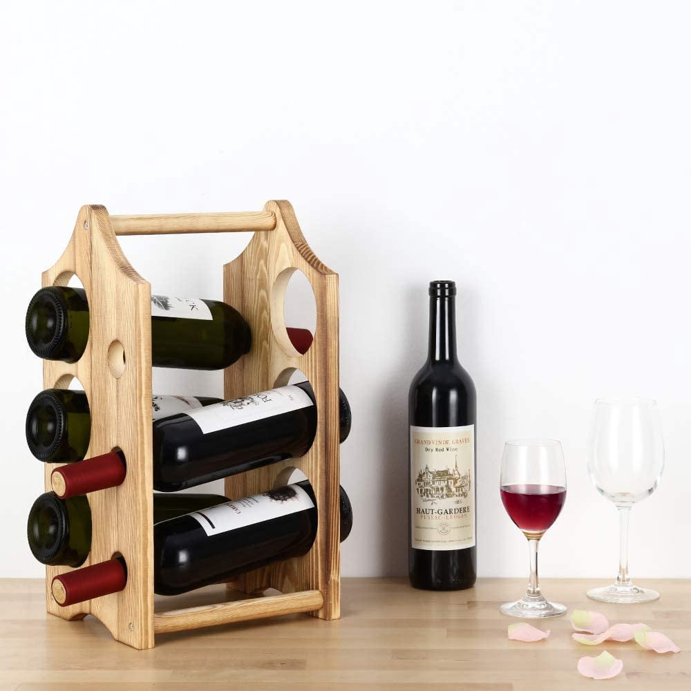 6 Bottle Rustic Wood Wine Bottle Holder Countertop Wine Rack