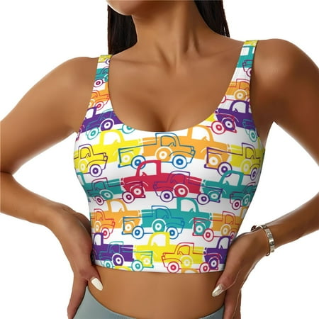 Qokaie Colorful Car Pattern Womens Scoop Neck Sports Bra Breathable Workout Vest Padded U Back Medium Impact Fitness Gym Yoga Bra Workout Crop Top-XX-Large
