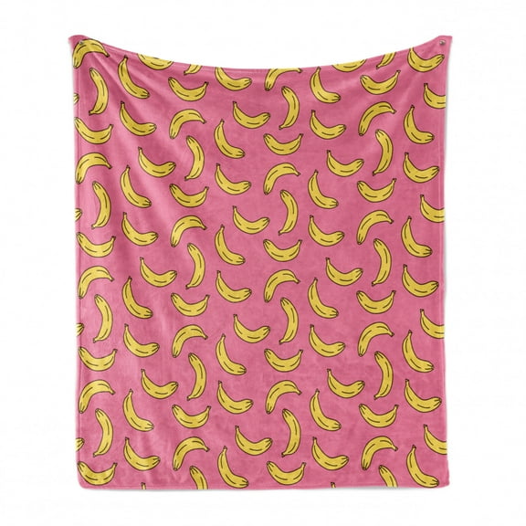 Vegan Soft Flannel Fleece Throw Blanket, Banana Cartoon Style Illustration and Tropical Taste of Summer Season, Cozy Plush for Indoor and Outdoor Use, 50" x 70", Pink and Yellow, by Ambesonne