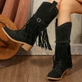 thumbnail image 4 of XIMIN Women Fringe Cowgirl Boots Knee High Boots Embroidered Cowboy Boots Stud Square Toe Mid Calf Western Boots with Chunky Heel Comfort Tall Western Boots, 4 of 6