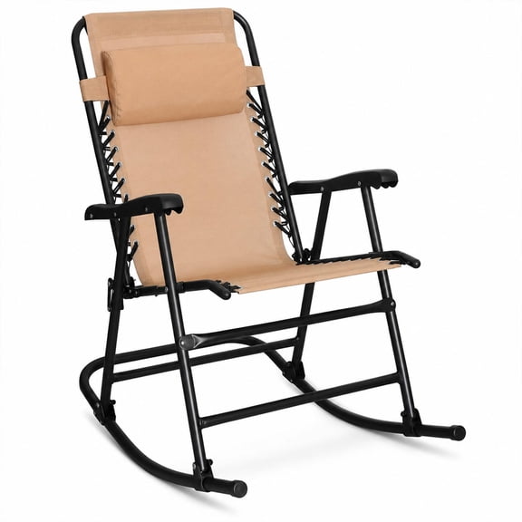 Basics Outdoor Portable Folding Rocking Chair with Headrest, Ergonomic Design, Weather-resistant Patio Reclining Lounge Chair for Porch, 33.6 x 37.4 x 26 inch, Beige