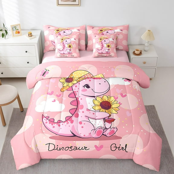 Erosebridal Pink Dinosaur Bedding Sets Twin Size, Cartoon Sunflower Comforter Sets with Sheets, Girly Animal Reversible Bedding Twin Size, Lightweight Bedroom Decor, 7-Piece